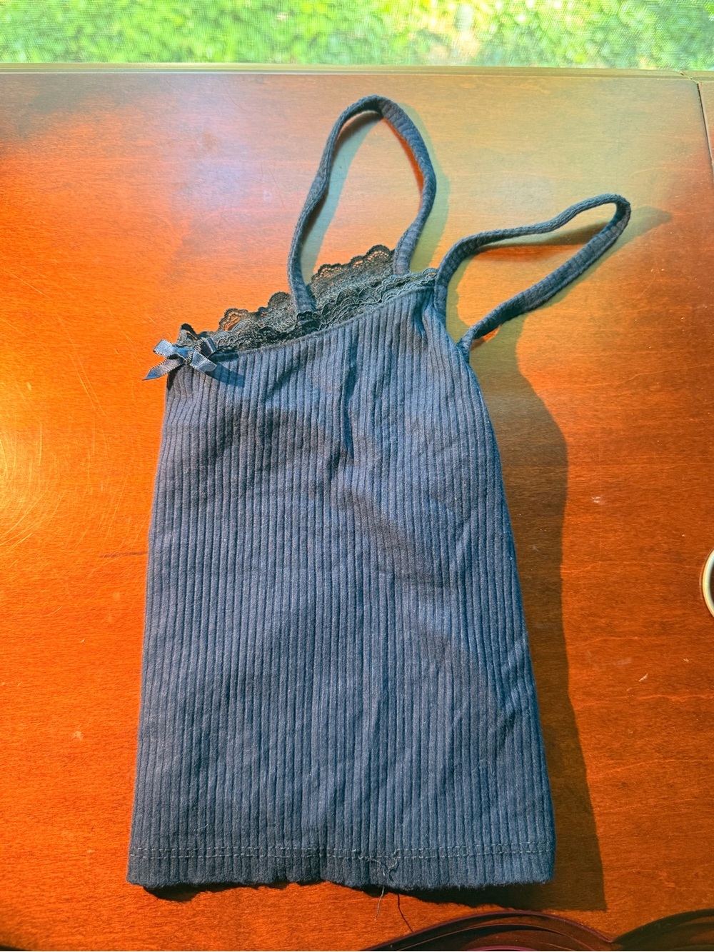 Navy Ribbed Lace Trim Cami Tank Top